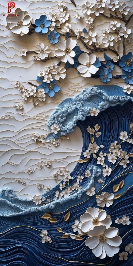 A vibrant and intricate 3d wallpaper depicting a crashing deep-blue ocean wave intertwined with delicate white and light blue cherry blossoms. The highly detailed, paper-sculpture effect adds a unique tactile dimension and artistic flair to the wall.