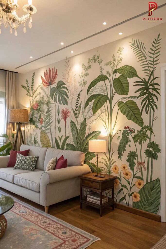 An expansive and vibrant wall mural featuring botanical and floral wallpapers in a lush, illustrative style. The detailed artwork depicts various tropical leaves, ferns, and colorful blossoms like hibiscus, creating a lively indoor garden atmosphere behind a neutral beige sofa in a well-lit, classic living room.