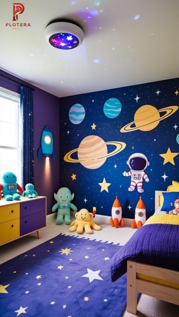 An imaginative kids room wallpaper with an outer space theme, showcasing an astronaut, planets, and stars on a deep blue background. The room is decorated with rocket-shaped lamps and celestial-themed rugs.