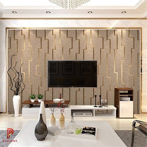 Modern living room featuring textured geometric wallpaper, sleek TV unit, and premium interior decor. Ideal inspiration for stylish home interiors.