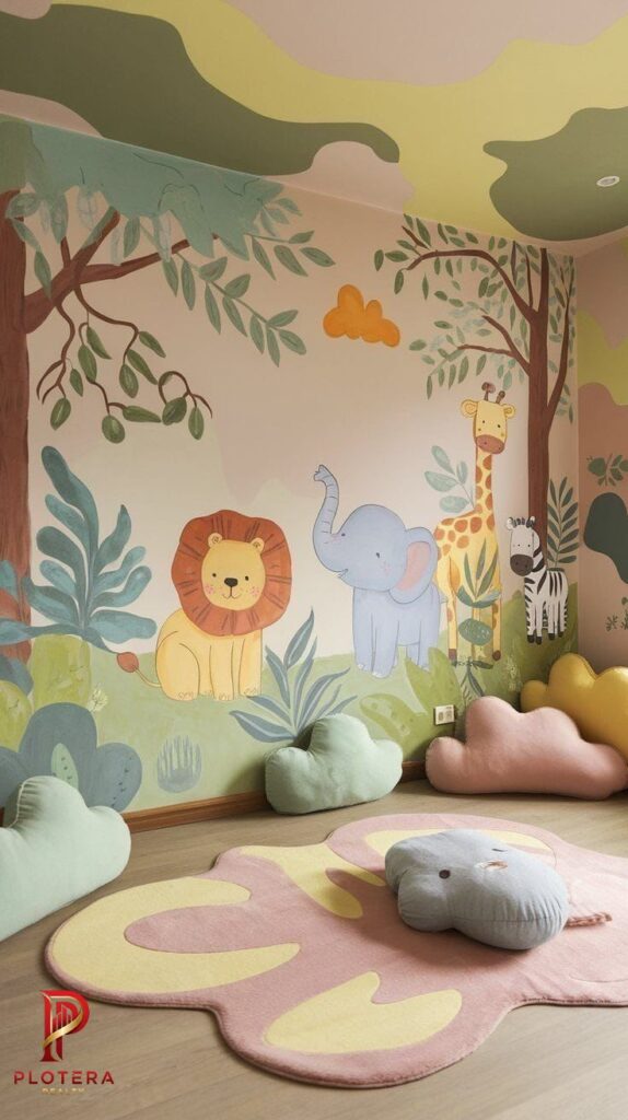A soft pastel kids room wallpaper mural depicting friendly jungle animals like a lion, elephant, and giraffe. This nursery or playroom is styled with cloud-shaped floor cushions and an elephant-shaped rug.