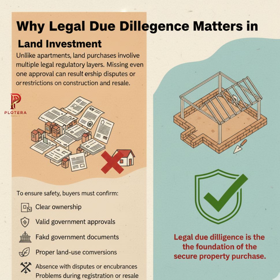 An educational infographic from Plotera Realty explaining why legal due diligence is essential in land investment to avoid ownership disputes or construction restrictions. The graphic features a checklist for safe property purchases—including clear ownership, government approvals, and land-use conversions—contrasted with an illustration of a secure building foundation. It emphasizes that legal vetting is the foundation of a secure property purchase, protecting buyers from problems during registration or resale.