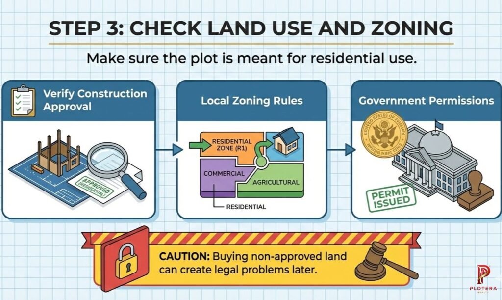 Check land use and zoning infographic showing residential zoning verification, construction approval, government permits, and warning about buying non-approved land.