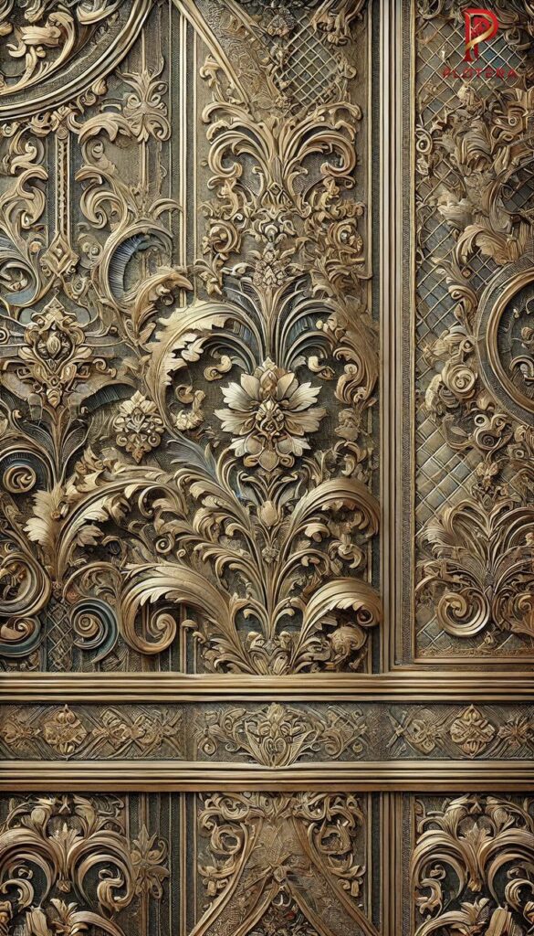 An intricate close-up of a 3D luxury wallpaper featuring ornate, gold-toned Baroque carvings and floral filigree. The minimalist color palette of bronze and gold highlights the deep texture and elaborate craftsmanship, offering a high-end, classic aesthetic for a feature wall.