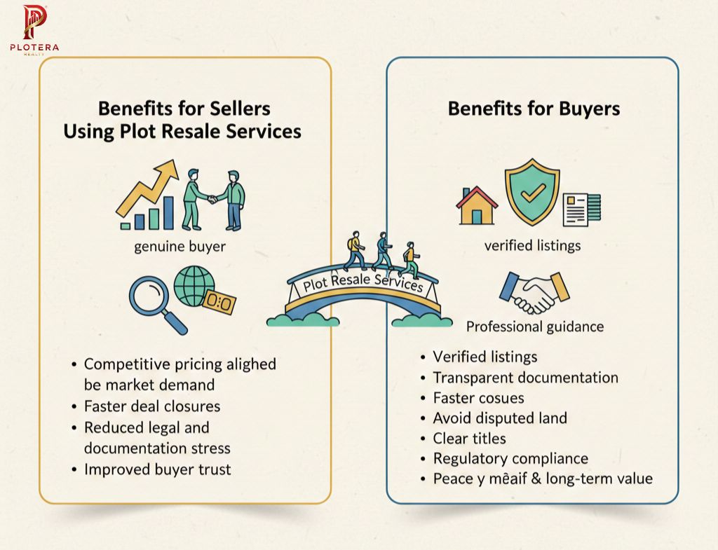 an illustrative image explaining about benefits of using plot resale services for both sellers and buyers.