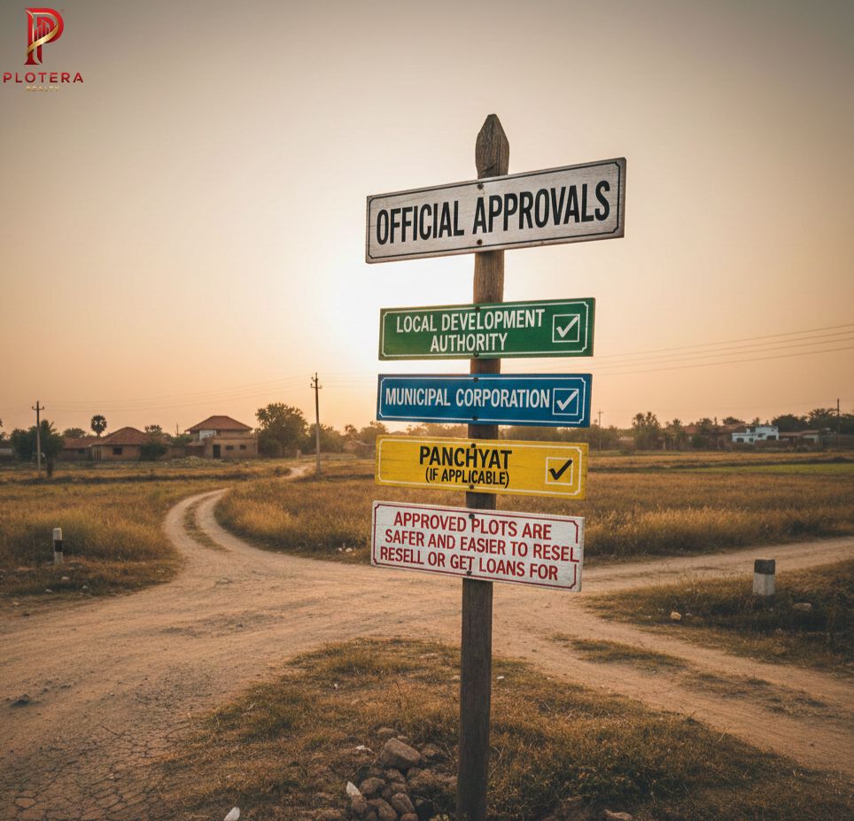 Wooden signpost in a field listing official real estate approvals like Local Development Authority, Municipal Corporation, and Panchayat for safe plots by Plotera Realty.