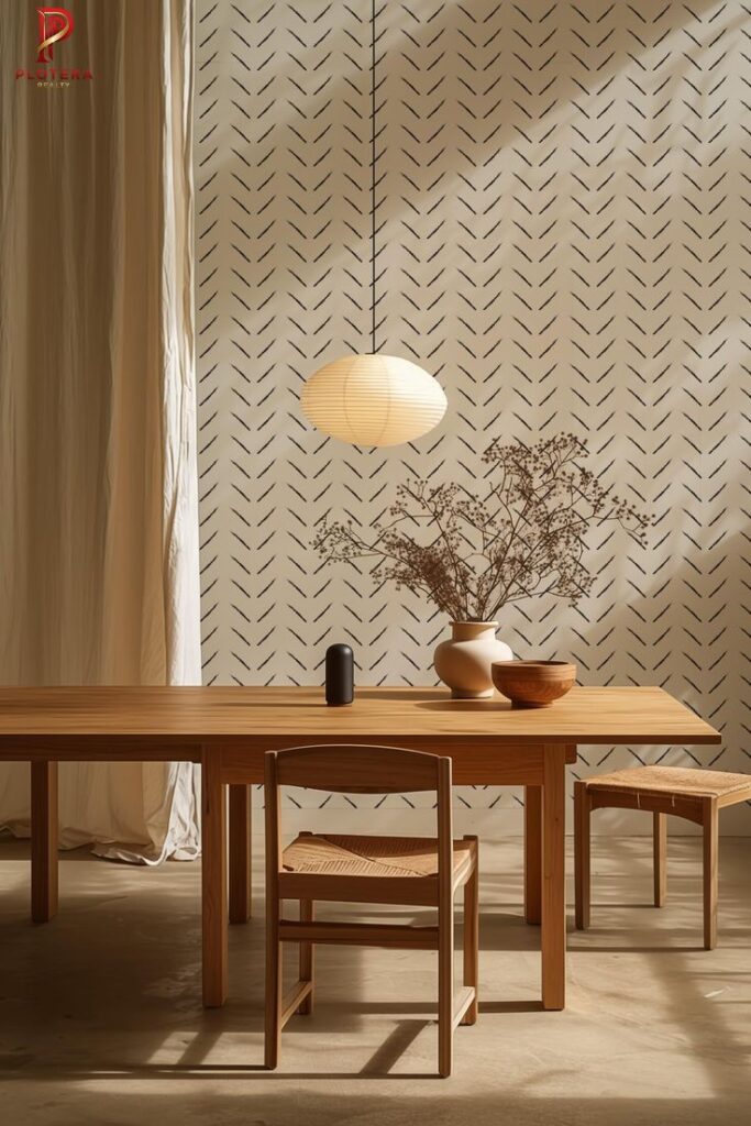 Warm dining room featuring a light wood table and a neutral herringbone-patterned Scandinavian wallpaper. A paper lantern pendant light hangs above the set, creating a cozy and organic aesthetic.
