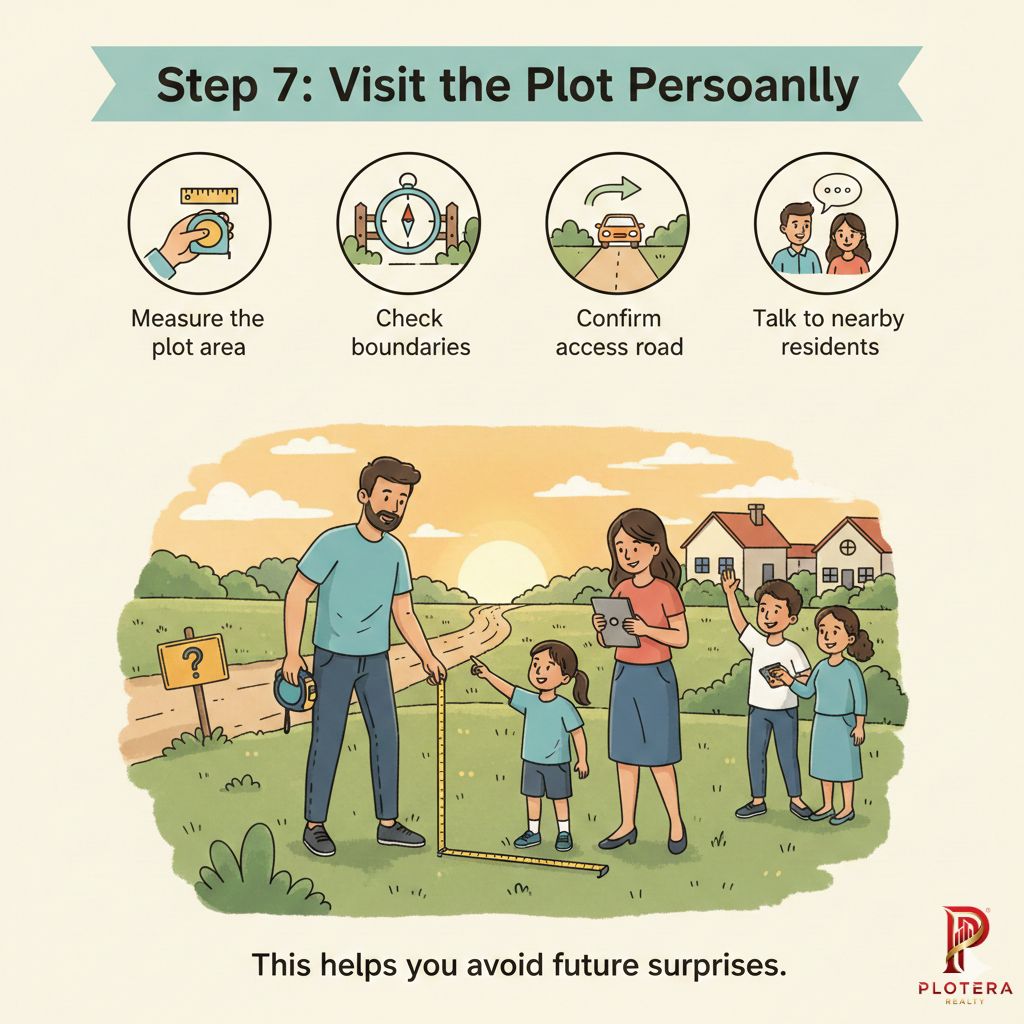 Illustration of a family physically inspecting and measuring a plot of land, emphasizing the importance of visiting the site to check boundaries, access roads, and talk to residents before purchase.