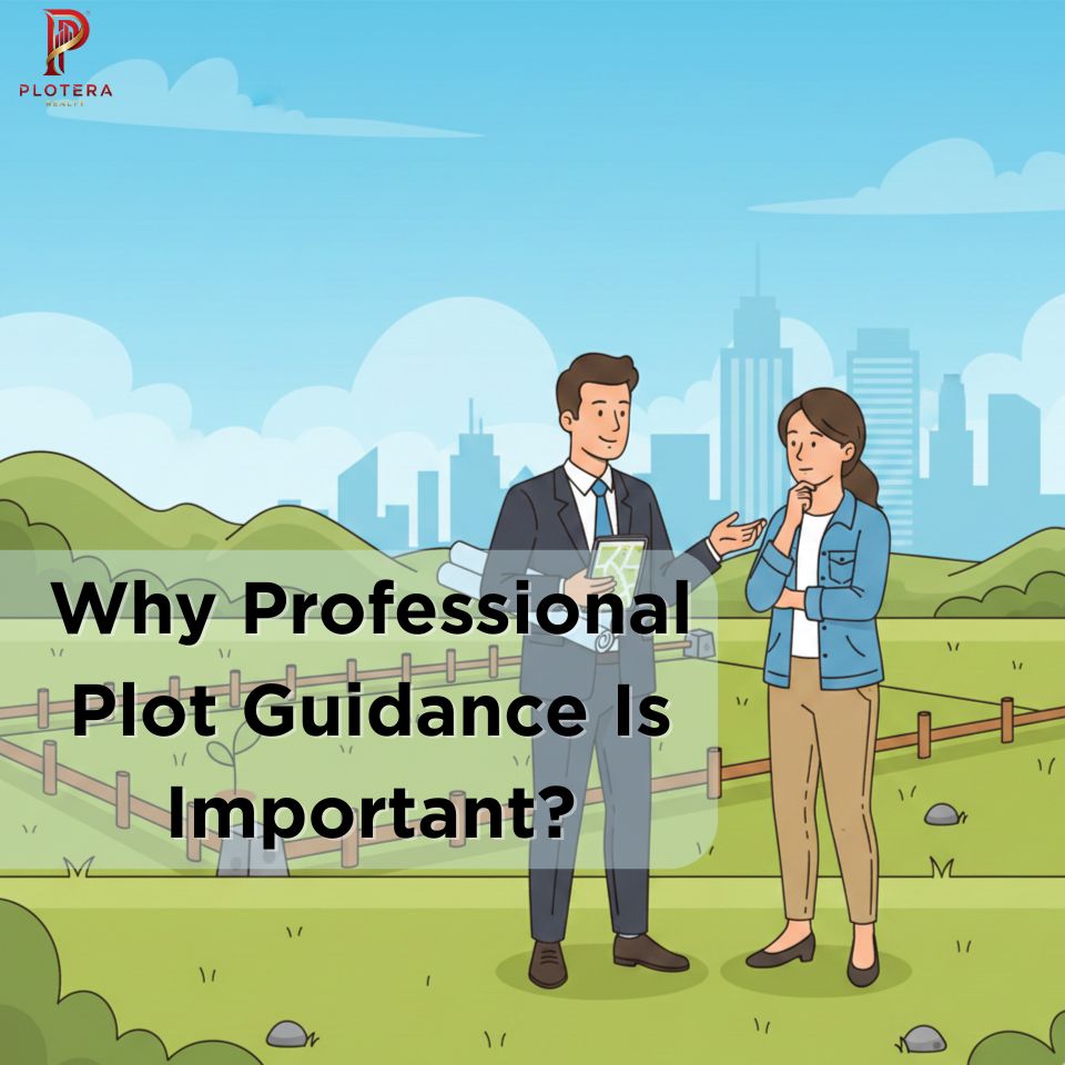 Illustration of a real estate agent in a suit holding blueprints and talking to a female client on a plot of land with a cityscape background. The text overlay asks: 'Why Professional Plot Guidance Is Important?' Plotera Realty logo is visible.