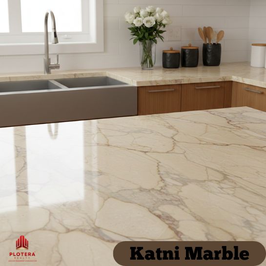 a kitchen countertop with katni marble slab